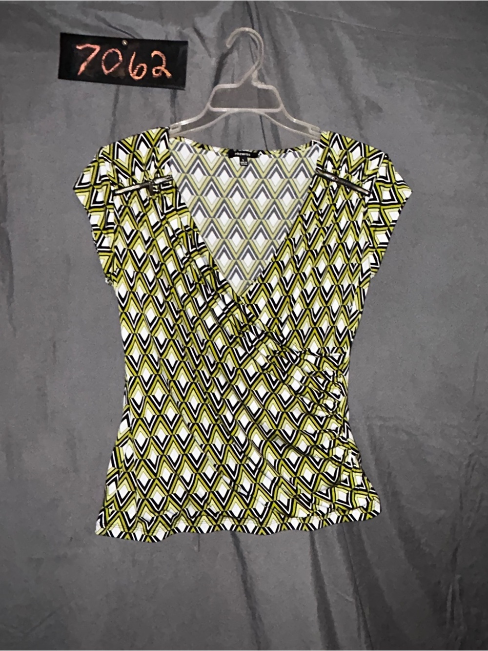 Premise Yellow and Black Geometric Wrap-Front Cap-Sleeve Top